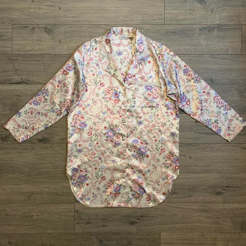 Vintage Cream Floral Nightgown By Kathryn Small With Lace And Ribbon Accents